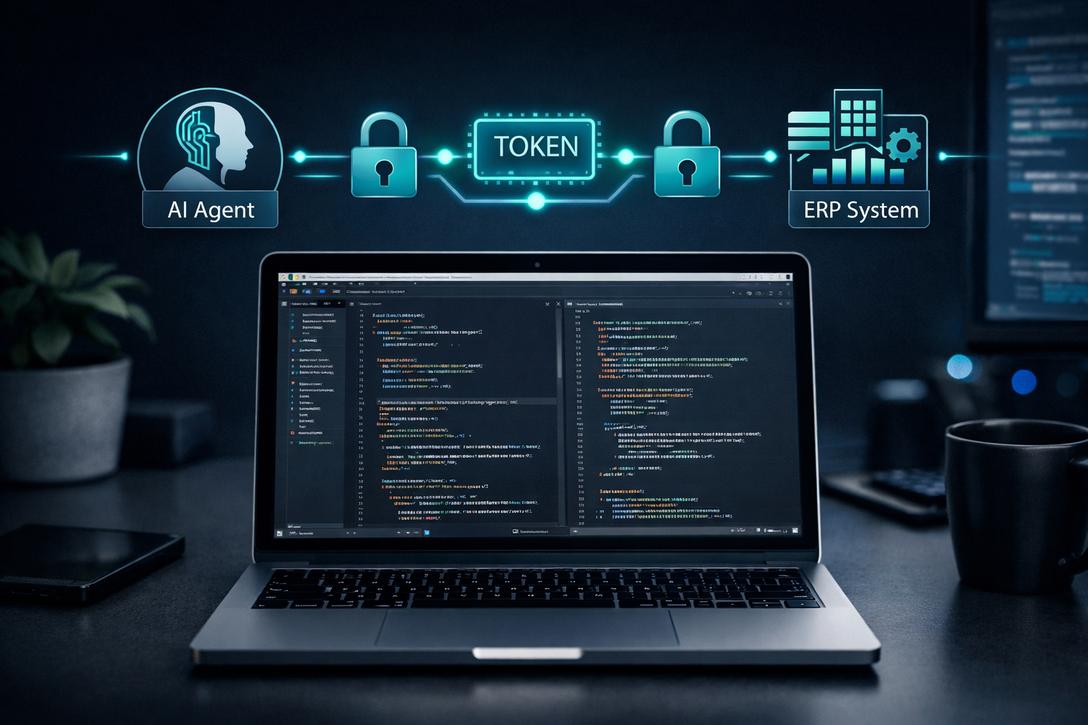 Developer debugging OAuth authentication flow between an AI agent and NetSuite ERP on a laptop screen