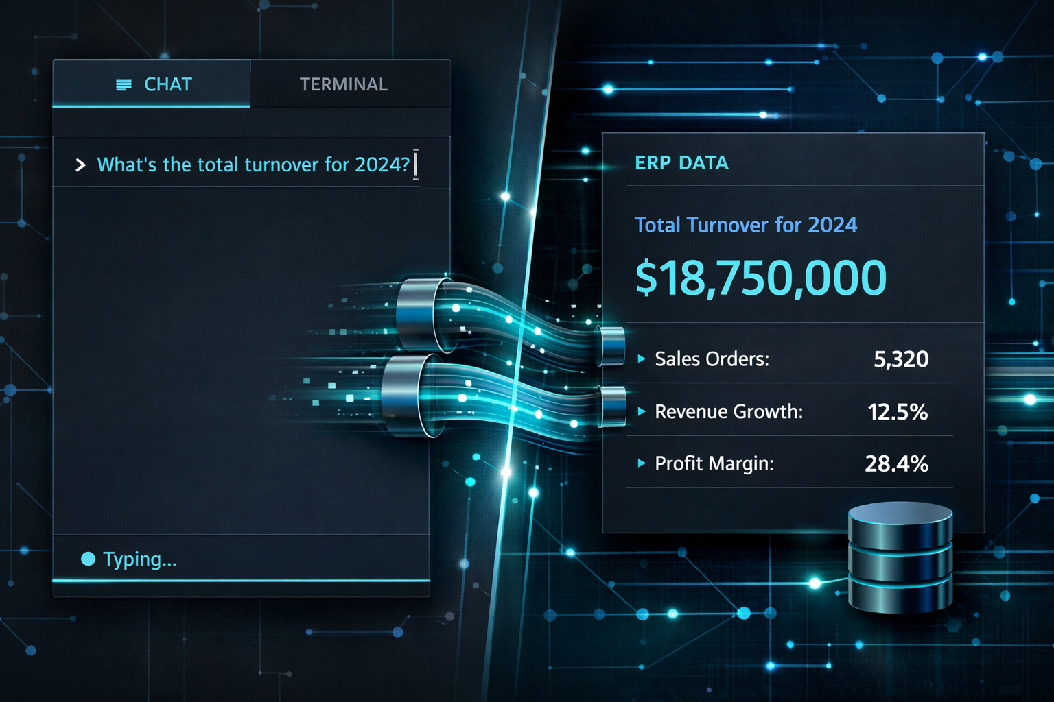 AI agent interface querying NetSuite ERP data with a terminal showing successful tool calls and query results